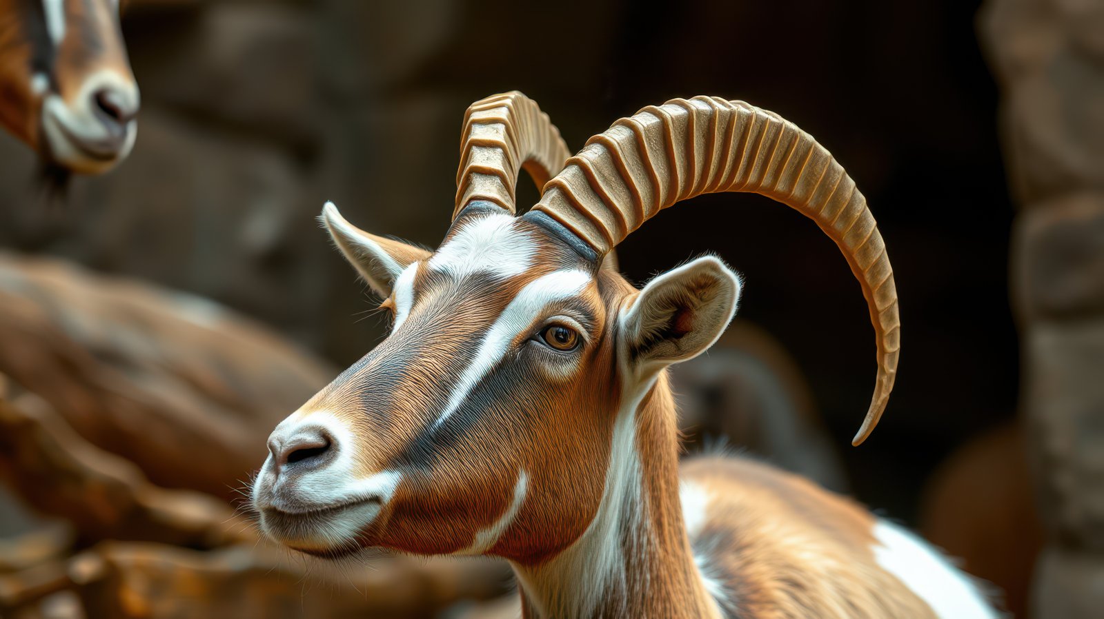 Mountain goat stands gracefully with prominent horns in a natural habitat